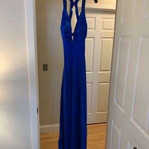 Deep V Neck Bright Blue Prom Dress - Size 8